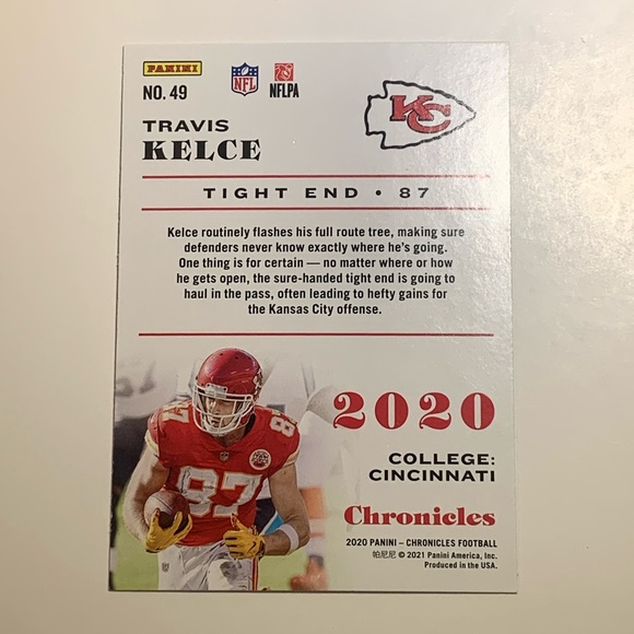 🏈 5/$10 2020 PANINI CHRONICLES - [BASE] #49 - TRAVIS KELCE NFL TRADING CARD 🏈 - Picture 2 of 3